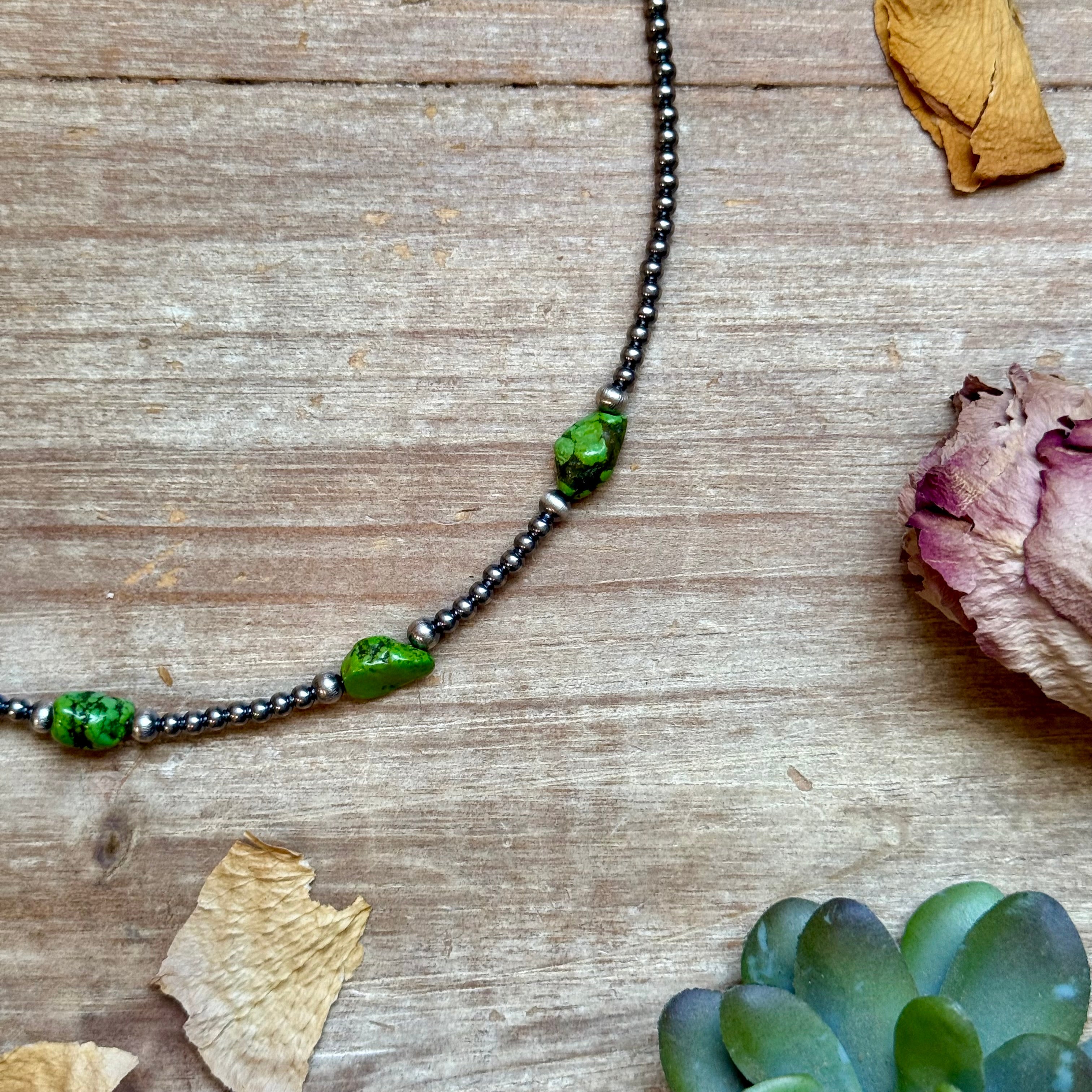Green Nugget Turquoise & Sterling Silver Pearl Necklace