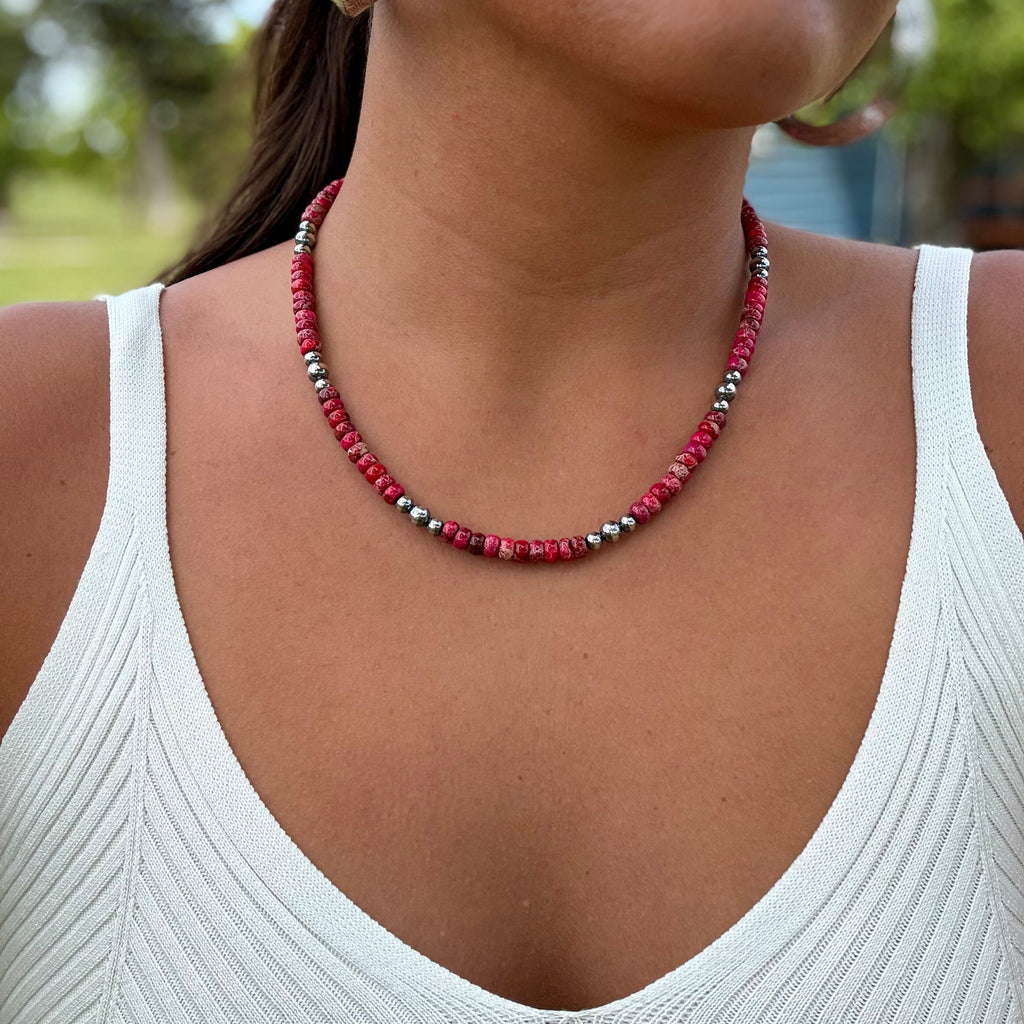 Pink Variscite & Sterling Pearl Necklace 17.5”