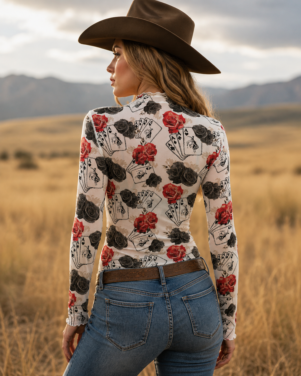 Ace Of Roses Long Sleeve Mesh Top