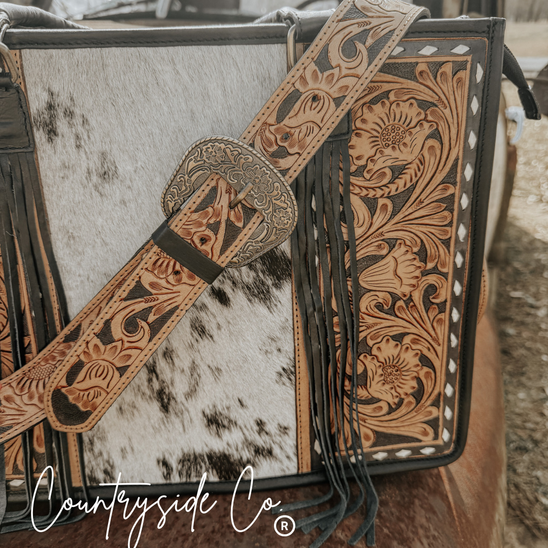 Panhandle Tooled Leather Cowhide Conceal Carry Tote, Computer Bag