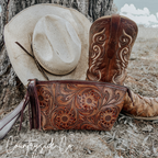 Whiskey Tooled Leather Wristlet - Toiletry Bag