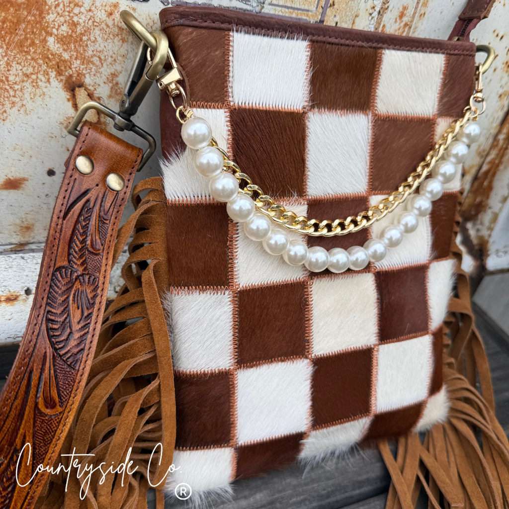 Whiskey Luxe Checkered Cowhide Fringe Purse