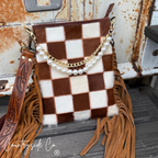 Whiskey Luxe Checkered Cowhide Fringe Purse