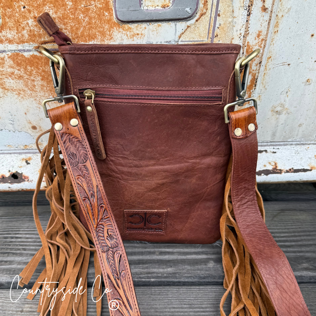 Whiskey Luxe Checkered Cowhide Fringe Purse
