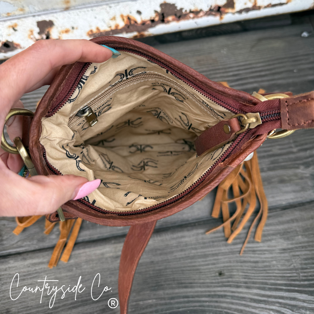 Whiskey Luxe Checkered Cowhide Fringe Purse