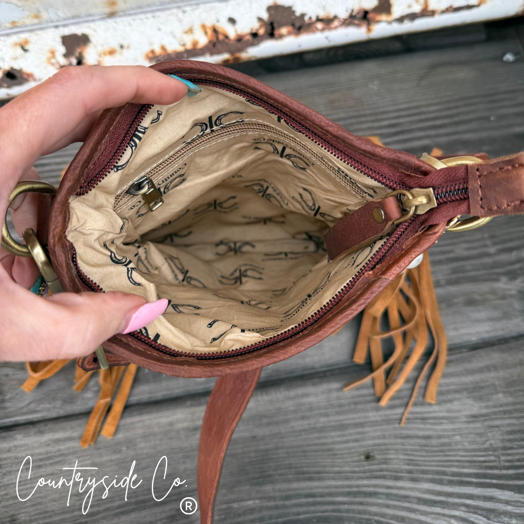 Whiskey Luxe Checkered Cowhide Fringe Purse