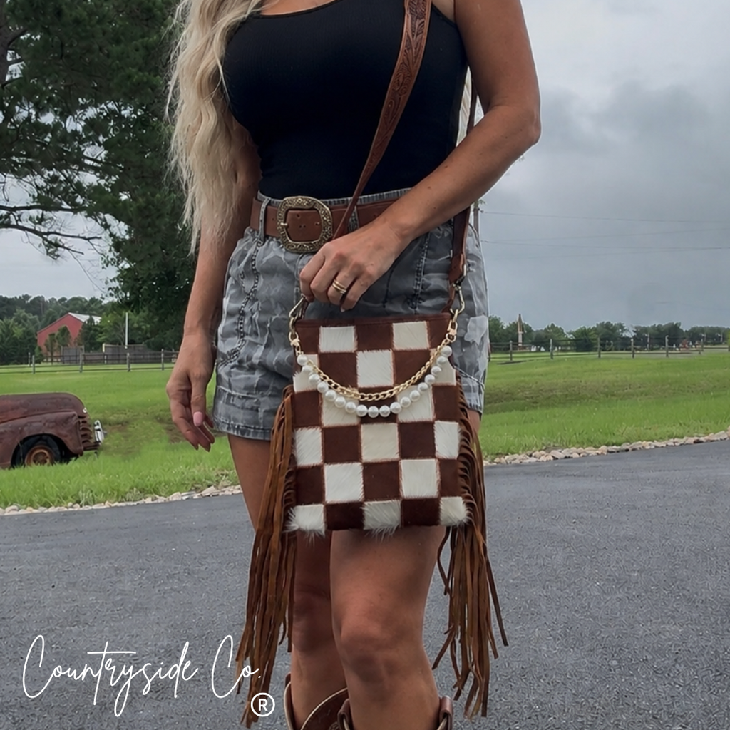 Whiskey Luxe Checkered Cowhide Fringe Purse