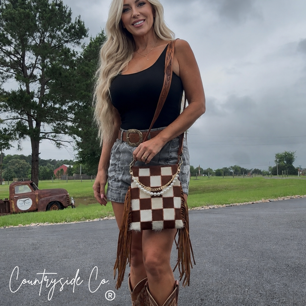 Whiskey Luxe Checkered Cowhide Fringe Purse