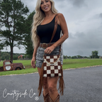 Whiskey Luxe Checkered Cowhide Fringe Purse