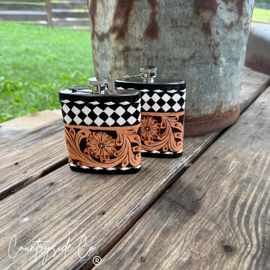 River Check Tooled  Leather Flask