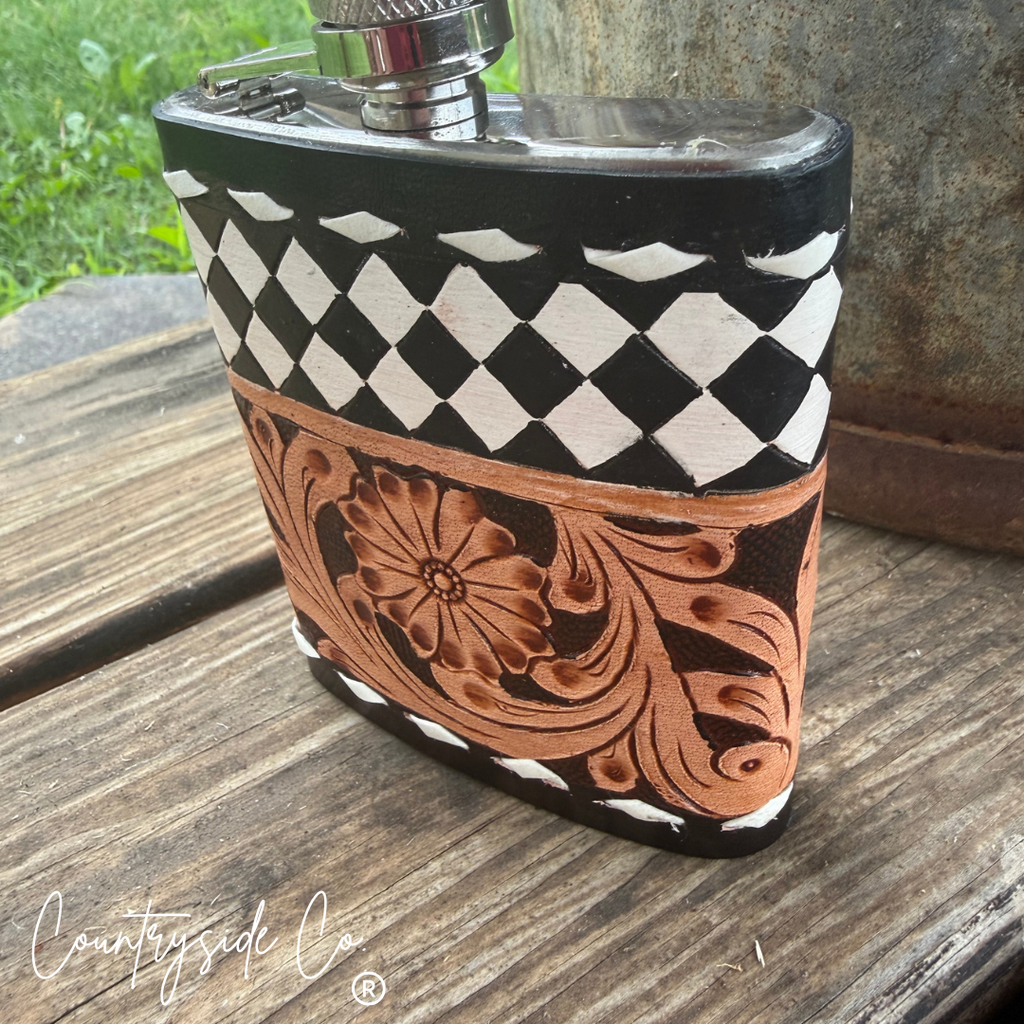 River Check Tooled  Leather Flask