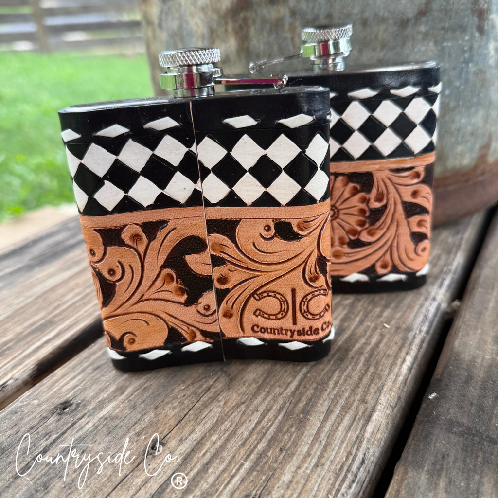 River Check Tooled  Leather Flask