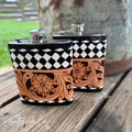 River Check Tooled  Leather Flask