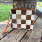 Checkered Cowhide XL Wristlet - Make Up Bag Wristlet