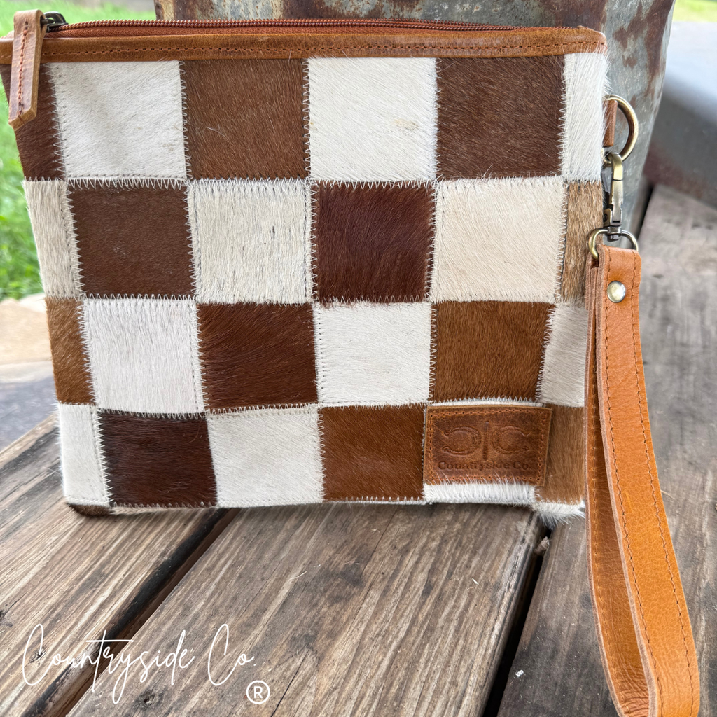 Checkered Cowhide XL Wristlet - Make Up Bag Wristlet