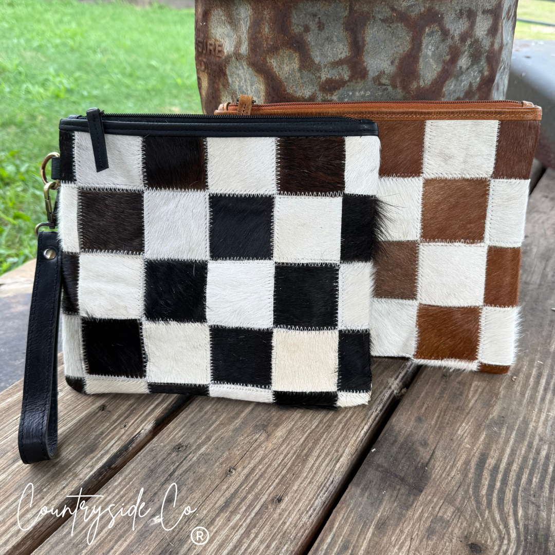 Checkered Cowhide XL Wristlet - Make Up Bag Wristlet