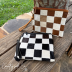 Checkered Cowhide XL Wristlet - Make Up Bag Wristlet