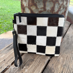 Checkered Cowhide XL Wristlet - Make Up Bag Wristlet