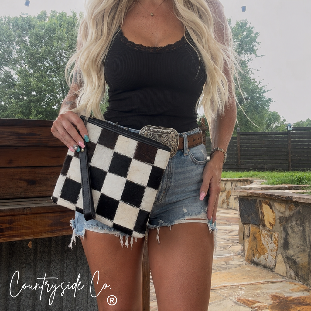 Checkered Cowhide XL Wristlet - Make Up Bag Wristlet