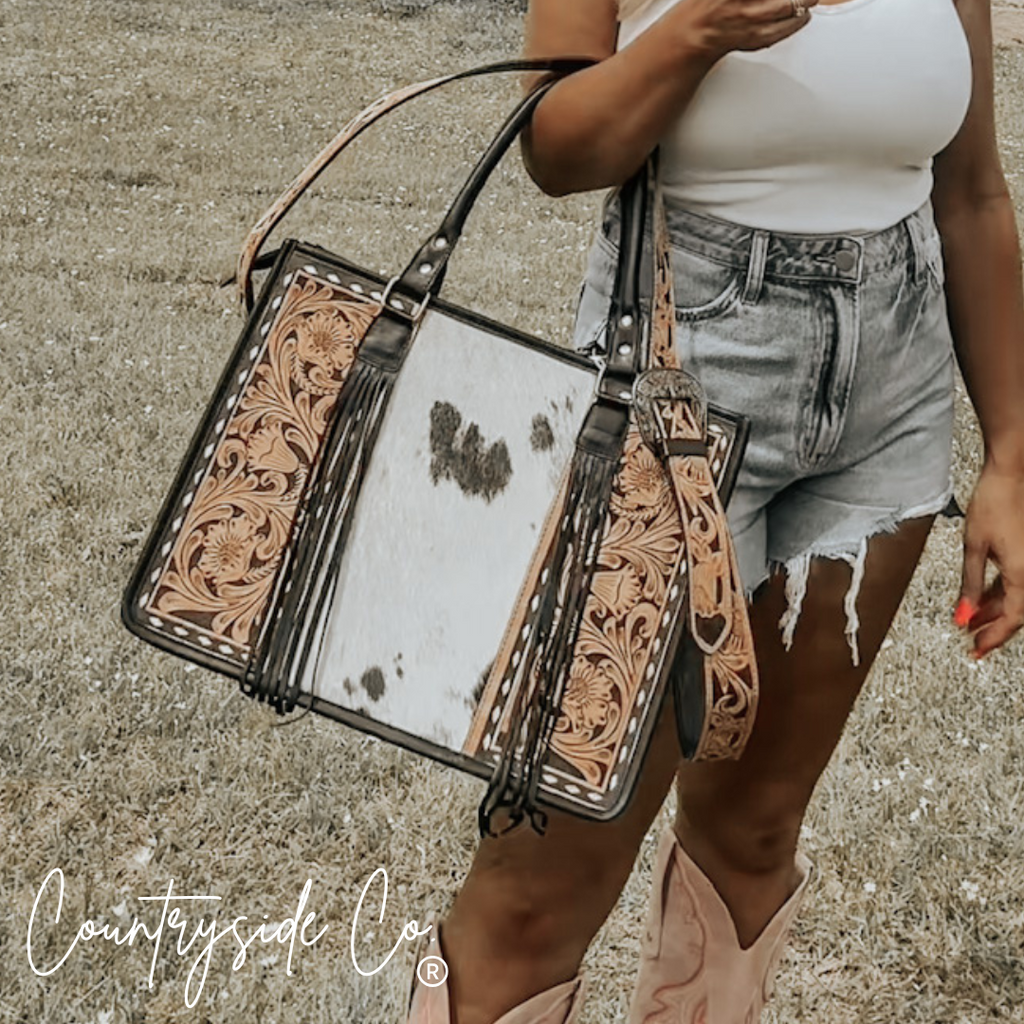 Panhandle Tooled Leather Cowhide Conceal Carry Tote, Computer Bag