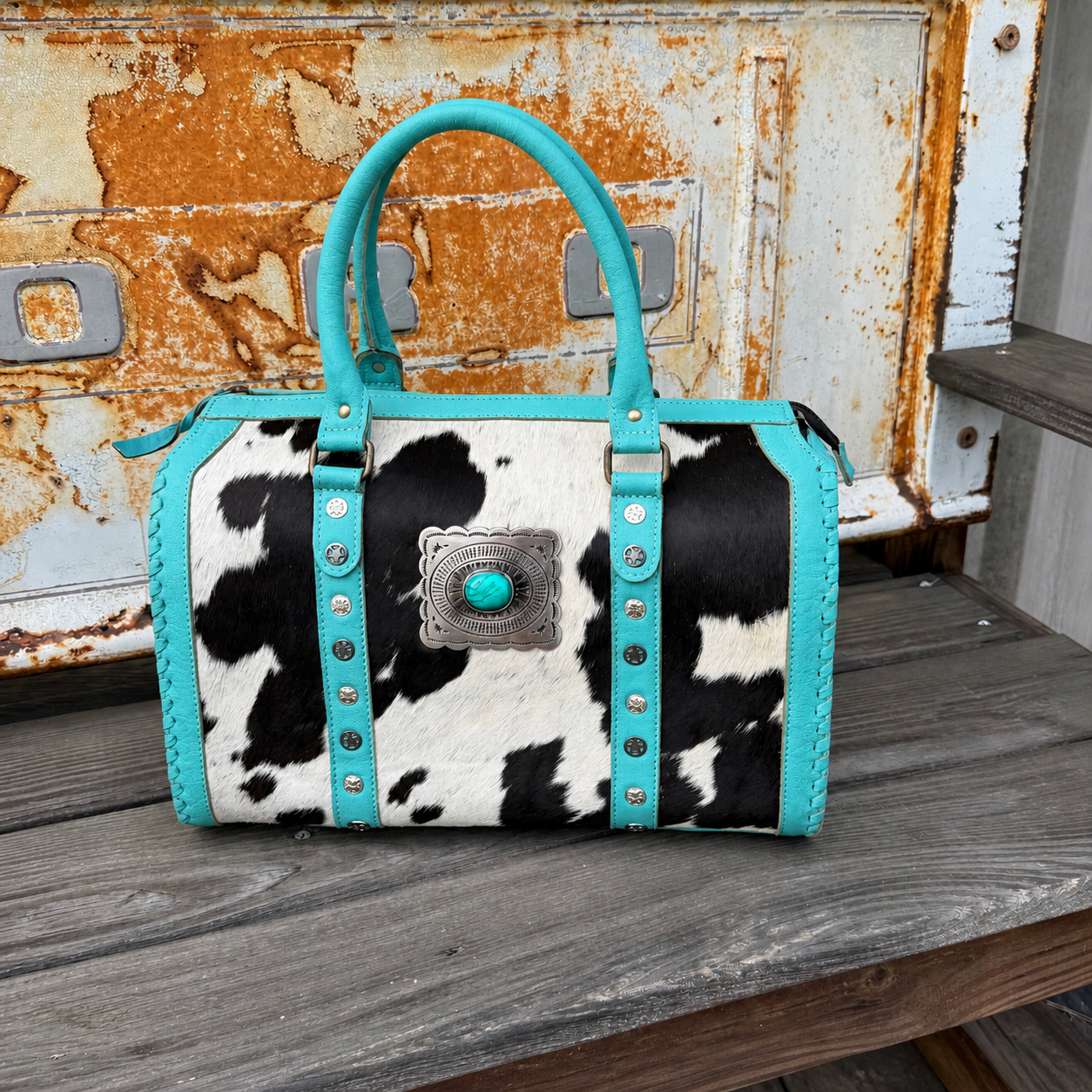 Cowhide Turquoise Concho Speedy Bag