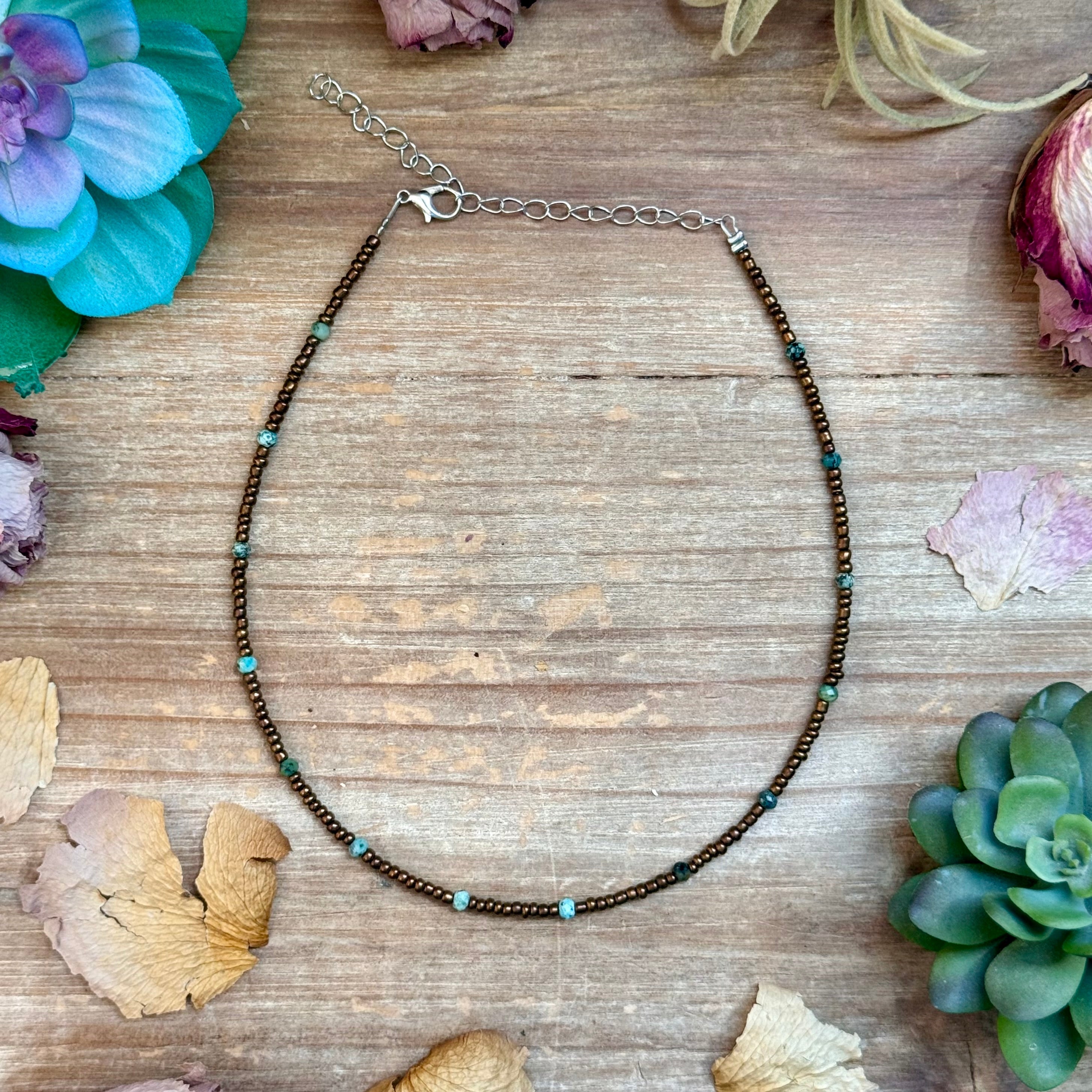 Turquoise & Copper Glass Bead Choker 14”