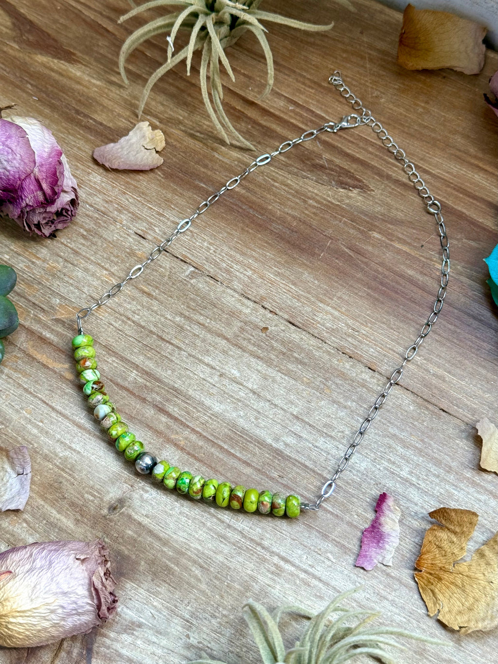 16” Green Variscite Paperclip Necklace – Sterling Silver Accent
