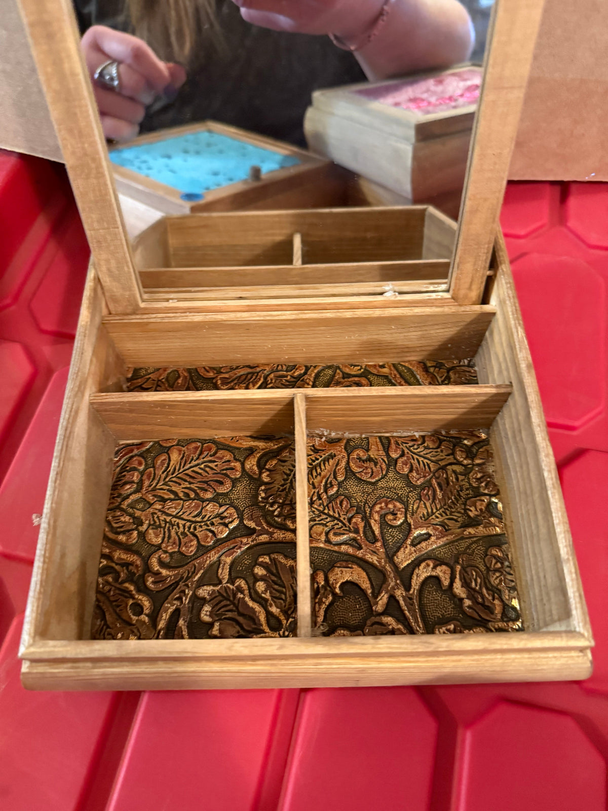 Punchy Red Mare Cowhide n leather 7.5”wooden jewelry box * Black n Gold cowhide
