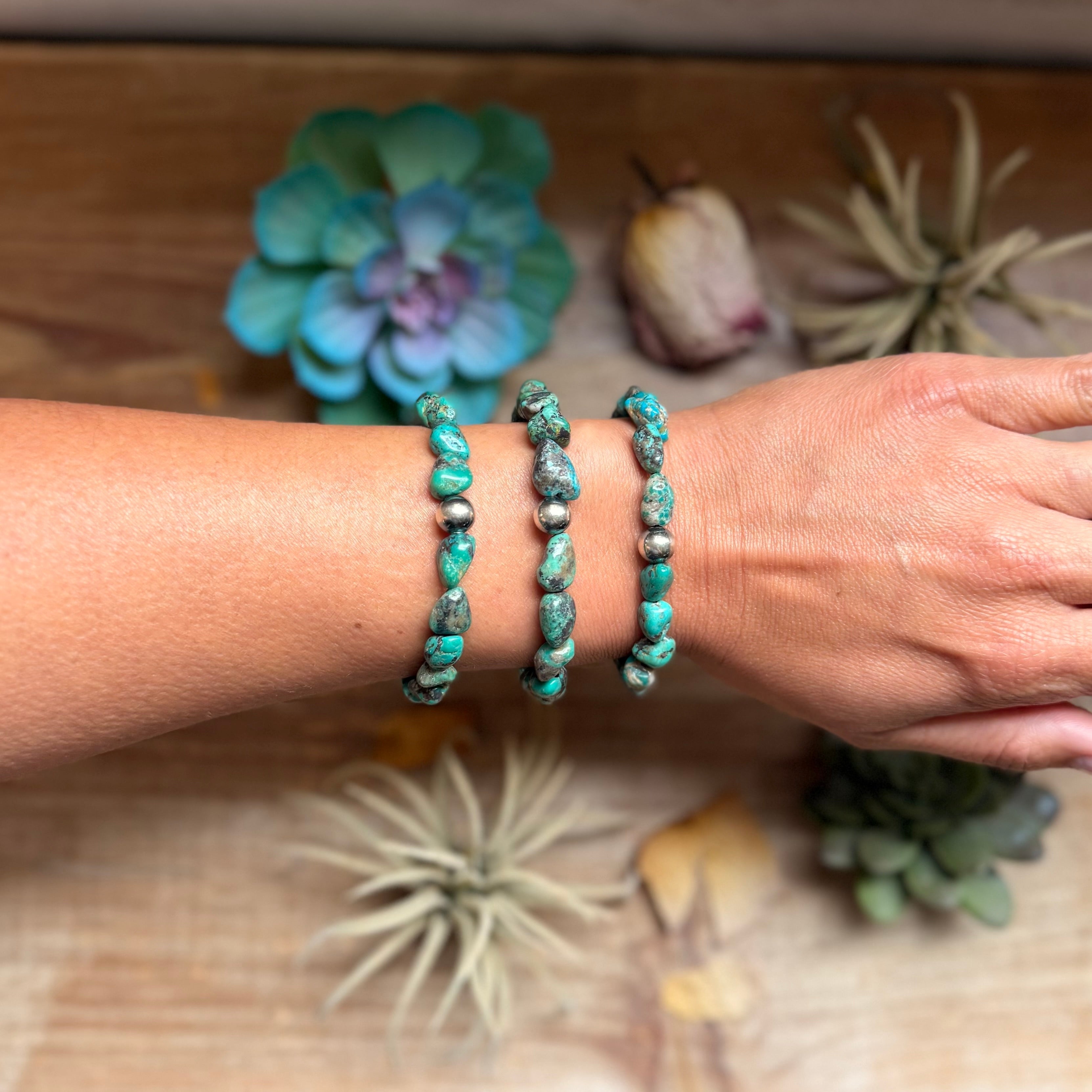 Turquoise Nugget Bracelet with Sterling Silver Pearls – 7” + Extender
