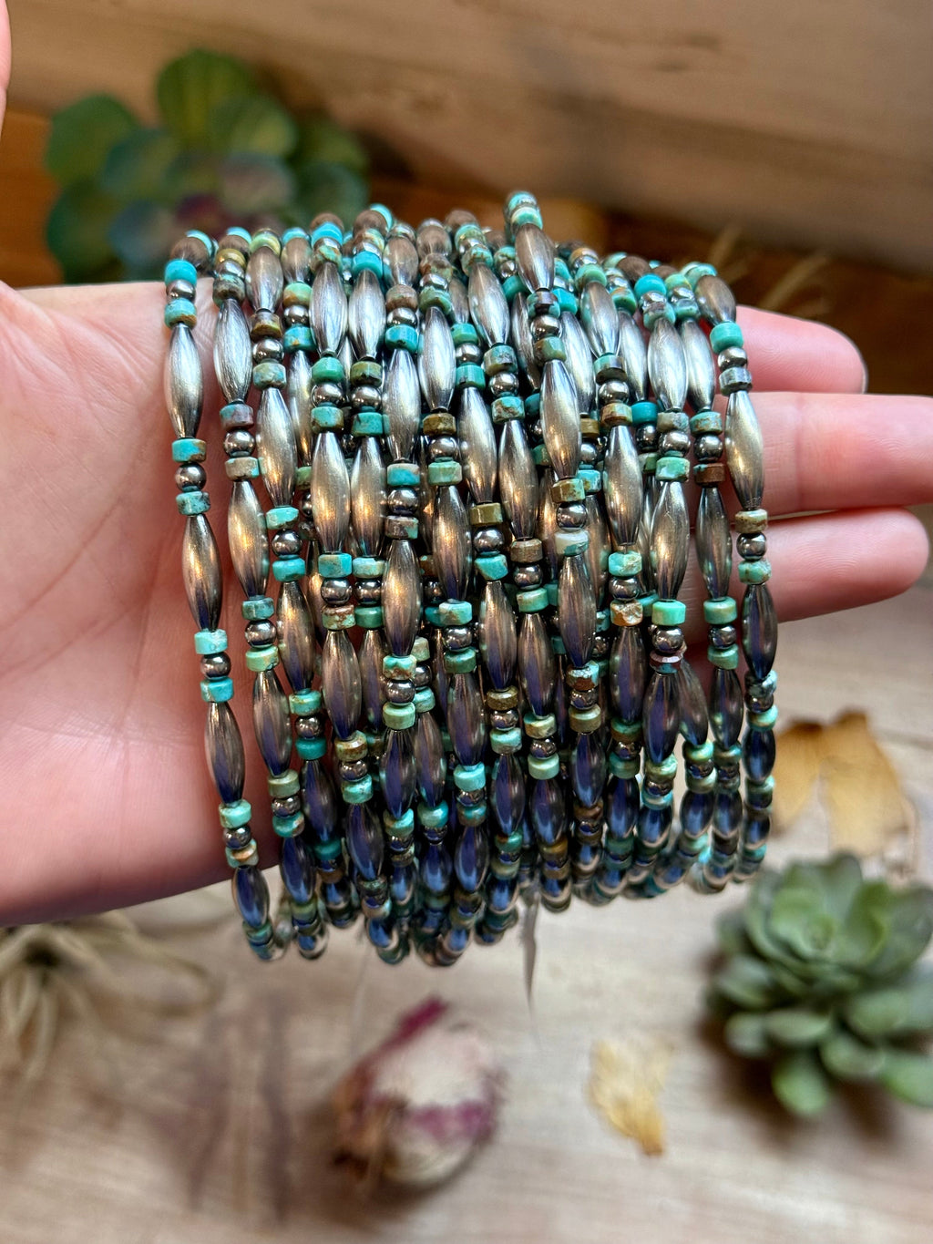 Blue-Green Turquoise Heishi & Sterling Silver Torpedo Choker