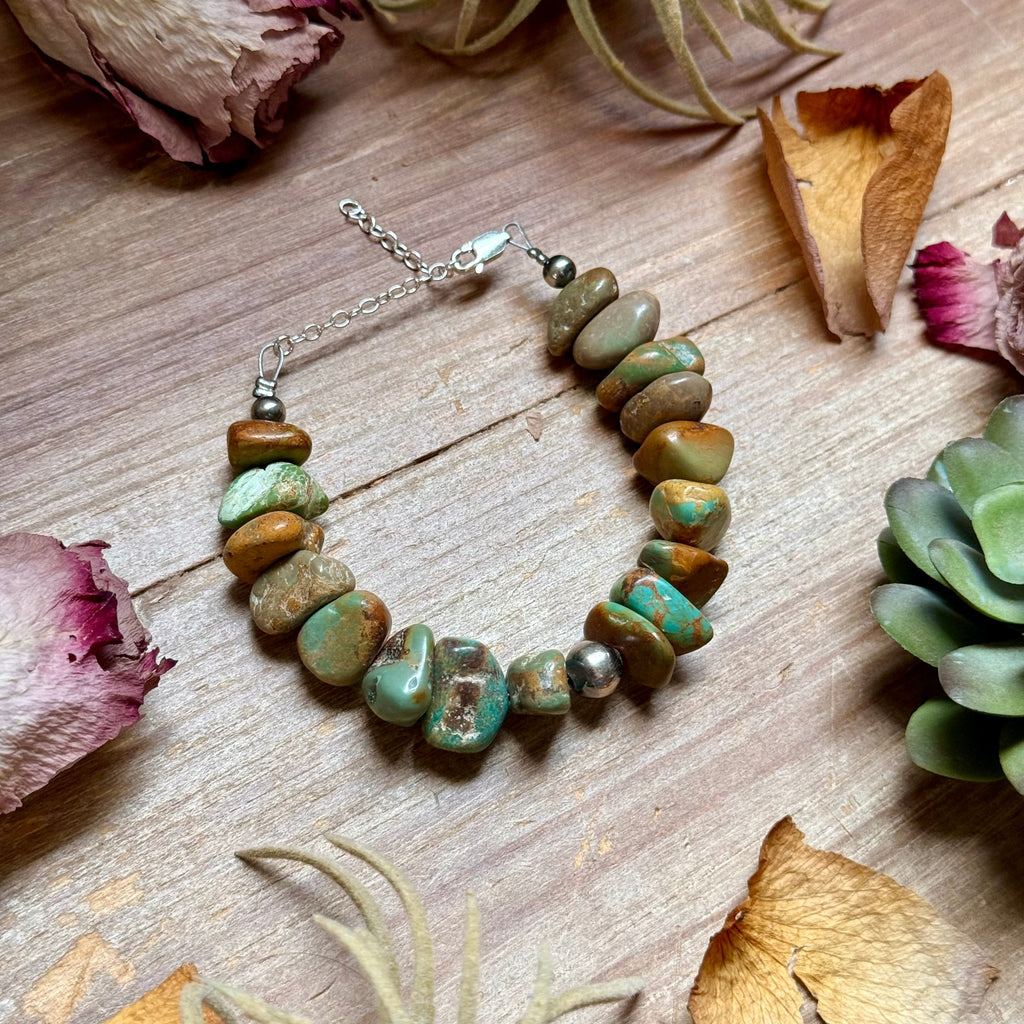 Green Turquoise Nugget Bracelet with Sterling Silver Pearls – 7” + Extender