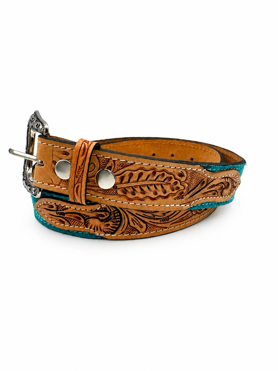 Western Stitch Genuine Suede & Hand Tooled Leather Belt -Turquoise