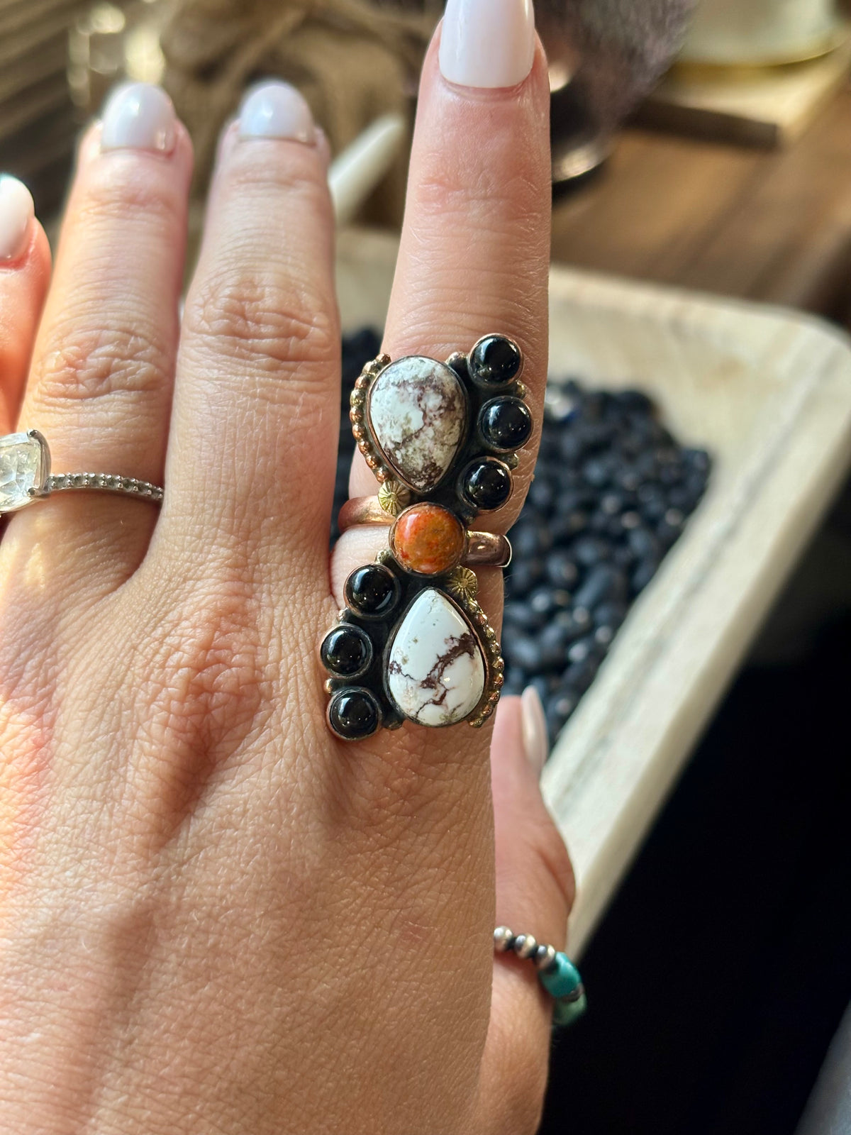Mixed Copper Stone Adjustable Ring