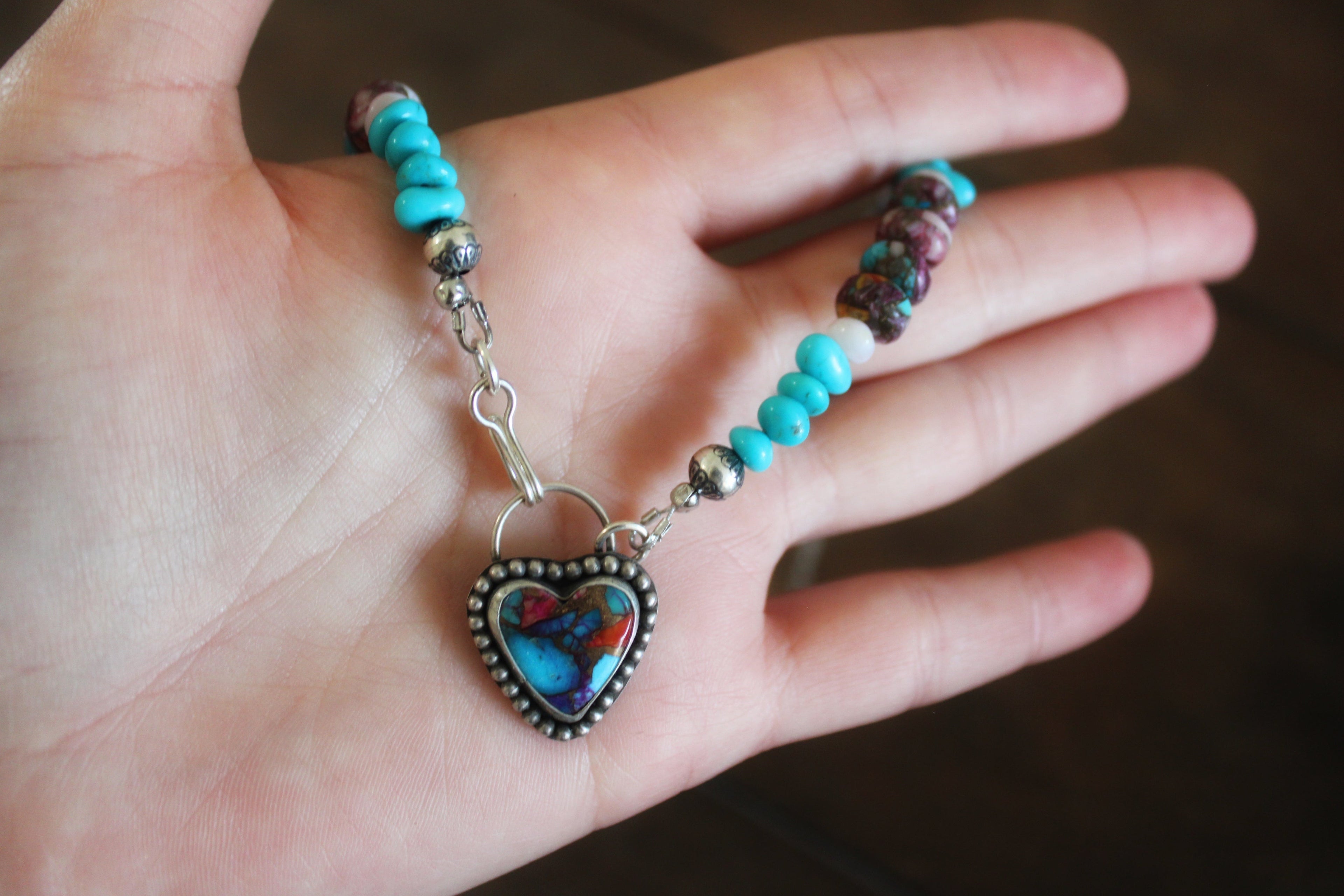 Pink Dahlia Turquoise heart on a Kingman and Pink Dahlia beaded chain