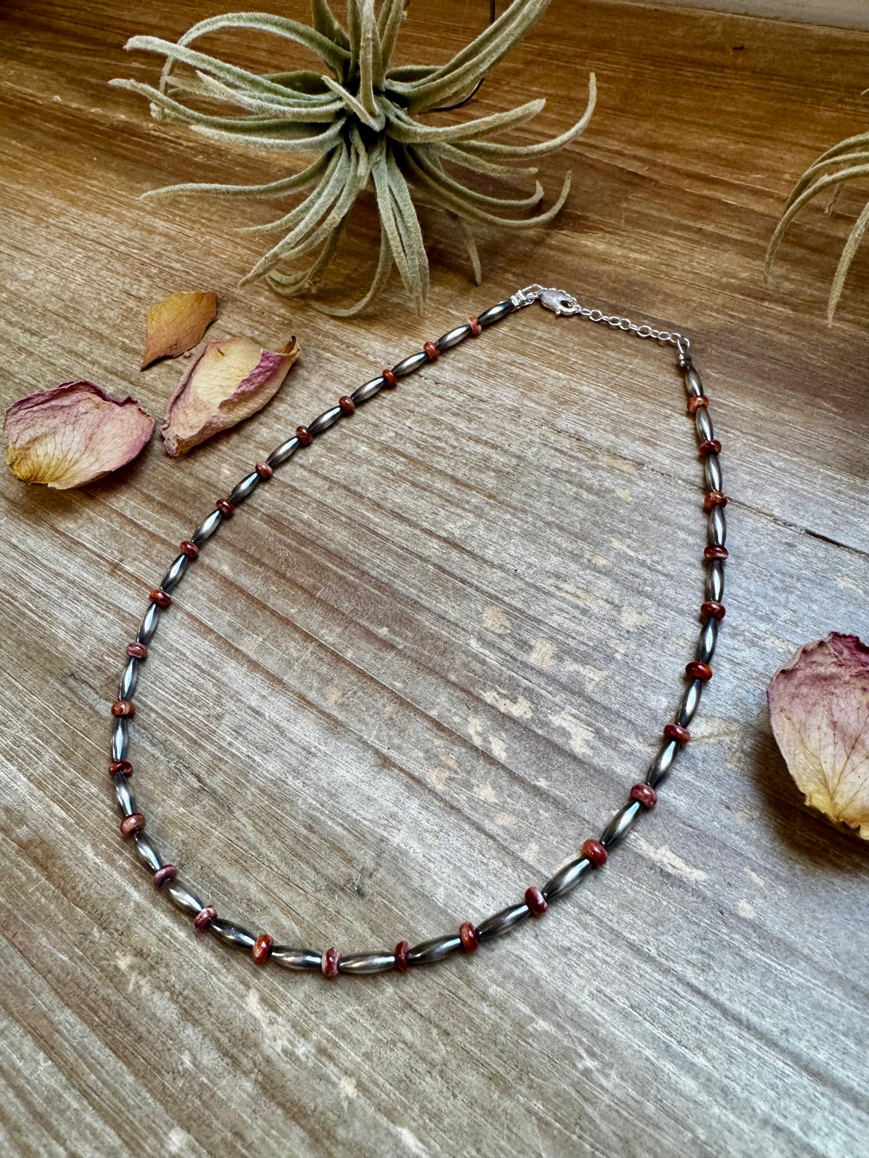 14-Inch Sterling Silver Torpedo & Spiny Oyster Heishi Choker