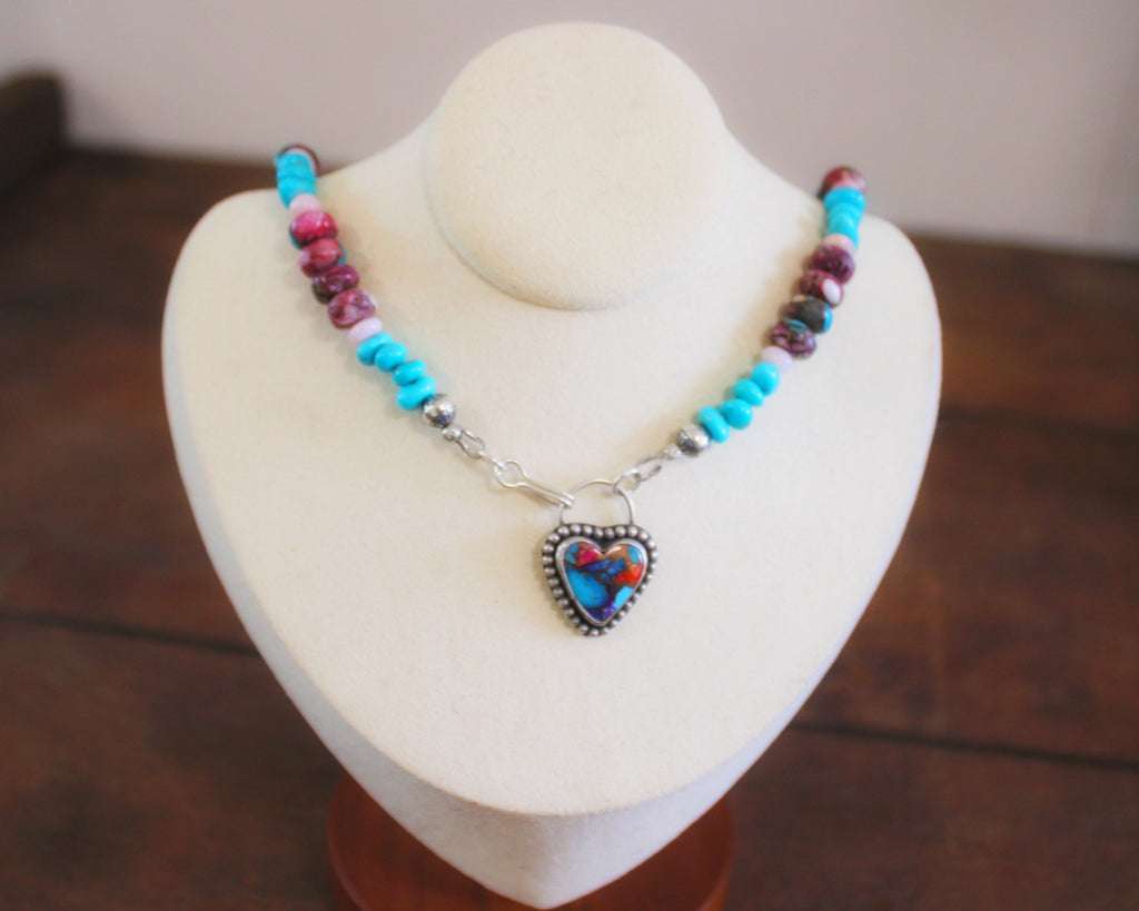 Pink Dahlia Turquoise heart on a Kingman and Pink Dahlia beaded chain