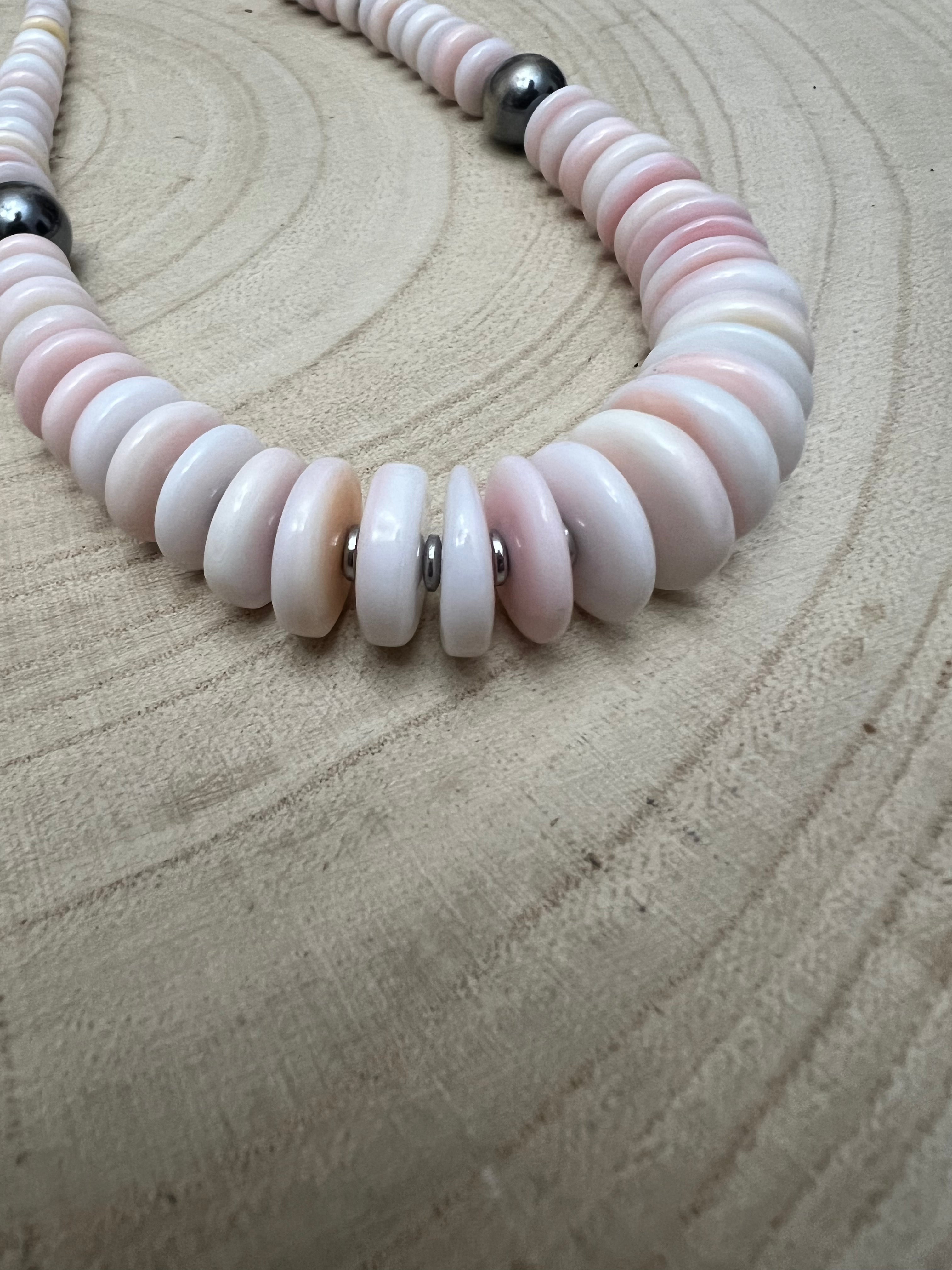 Pink Conch Graduated Necklace with 10mm Sterling Pearl — 22 inch (Handmade in North Texas)