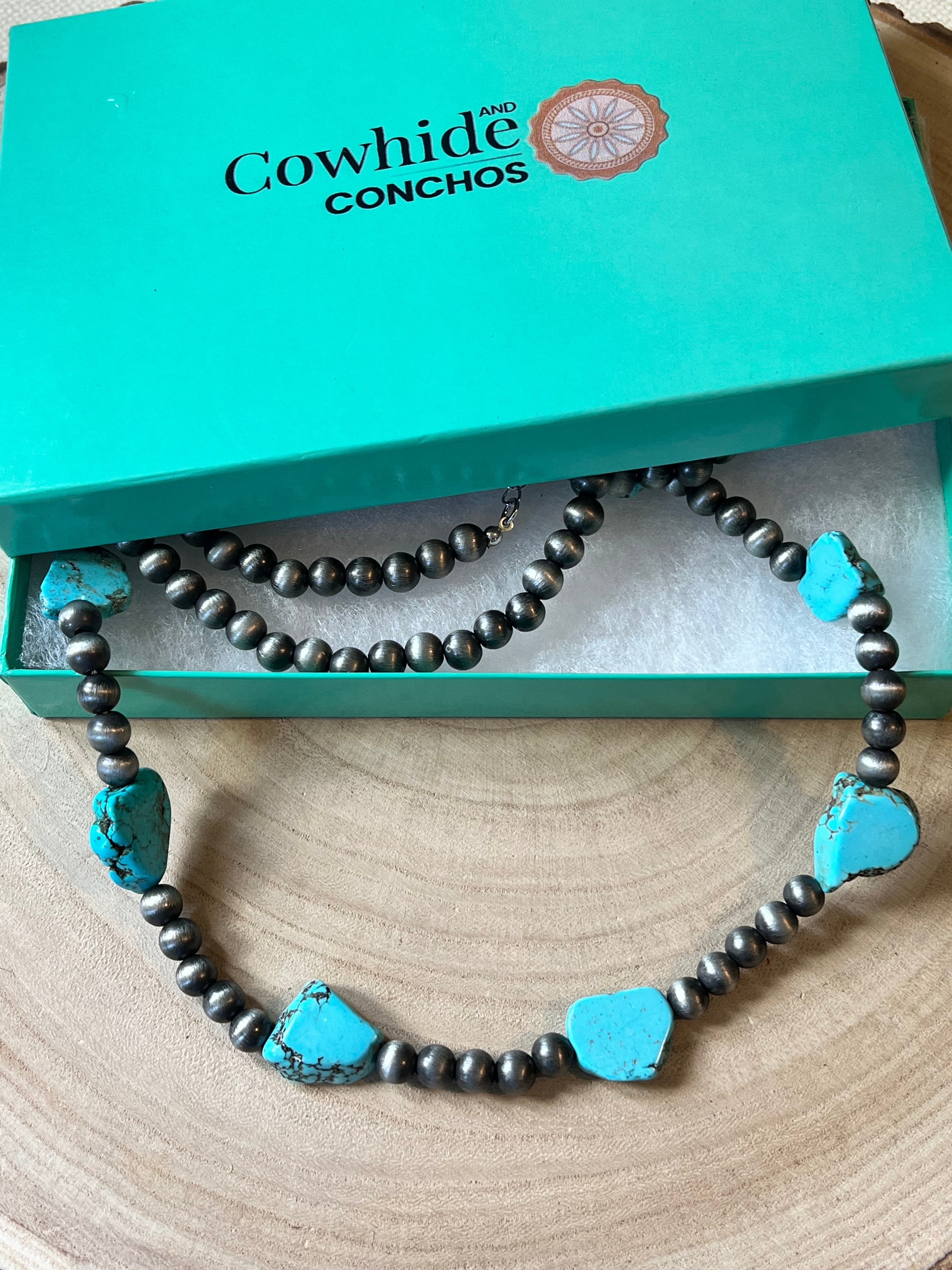 Western Long Faux Turquoise Nugget & Sterling Pearl Statement Necklace — 48 Inch