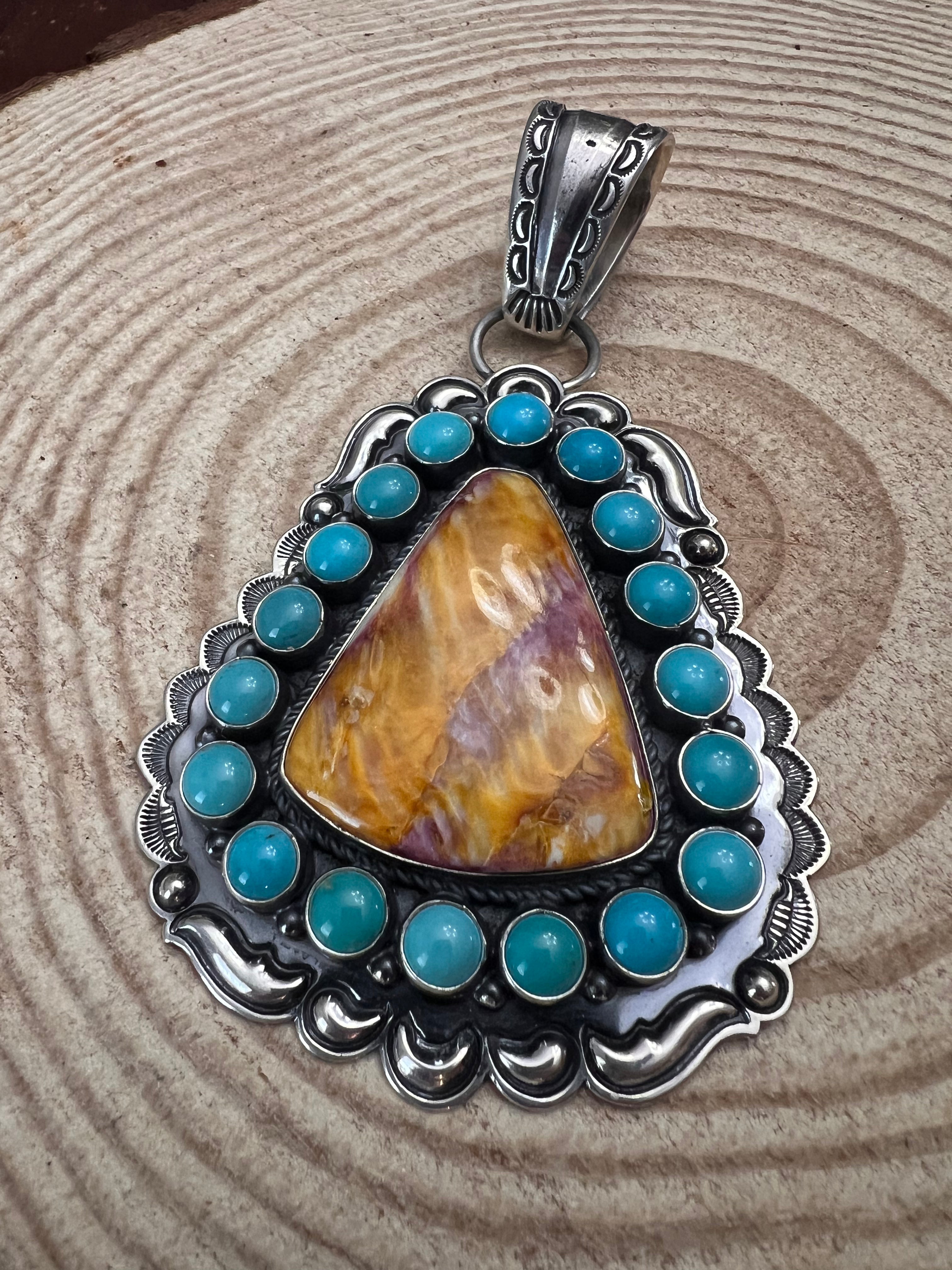 Roland Dixson Navajo Sterling Silver Statement Pendant — Spiny Oyster & Turquoise (5"×3", Signature Stamp)