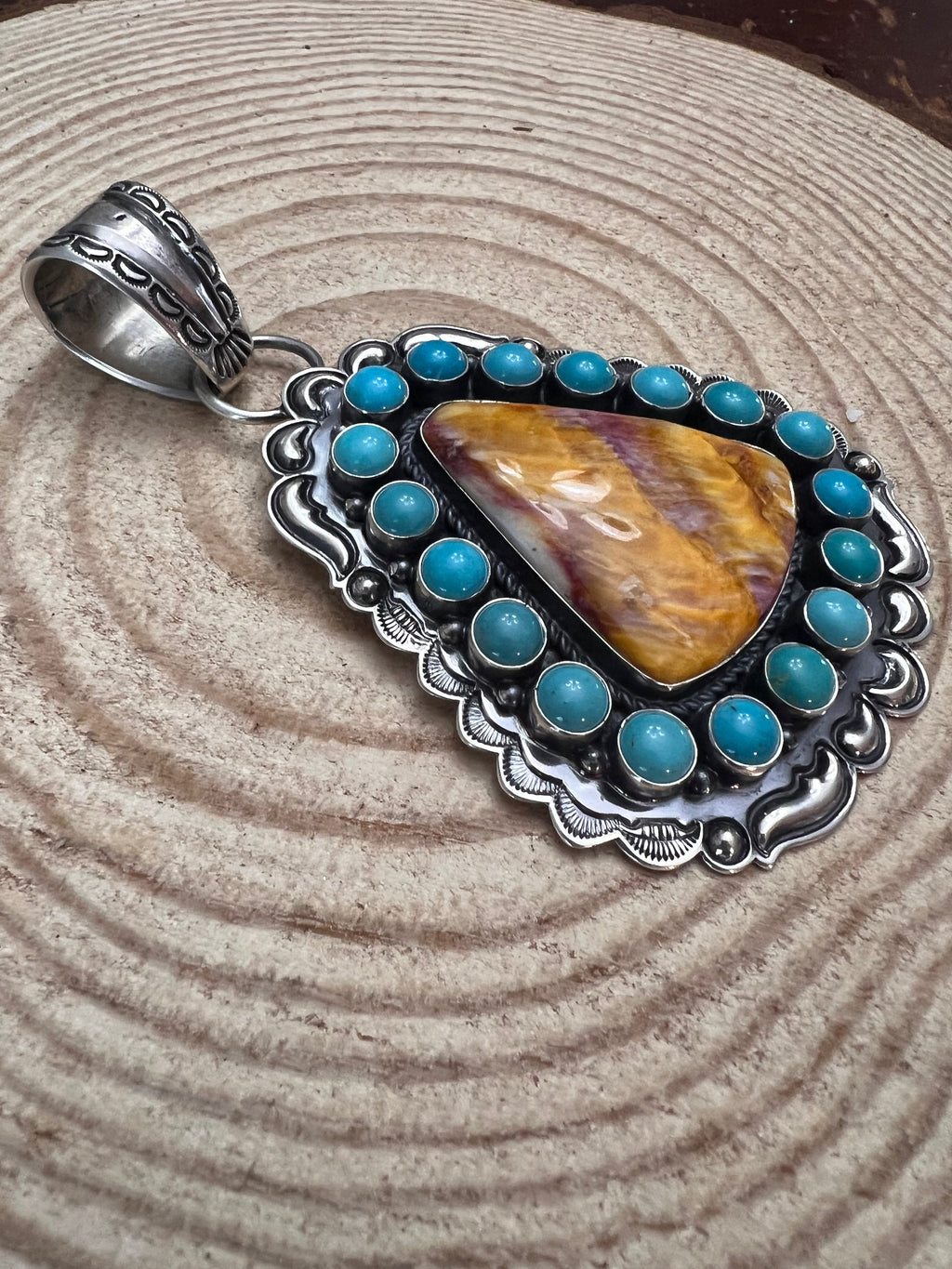 Roland Dixson Navajo Sterling Silver Statement Pendant — Spiny Oyster & Turquoise (5"×3", Signature Stamp)