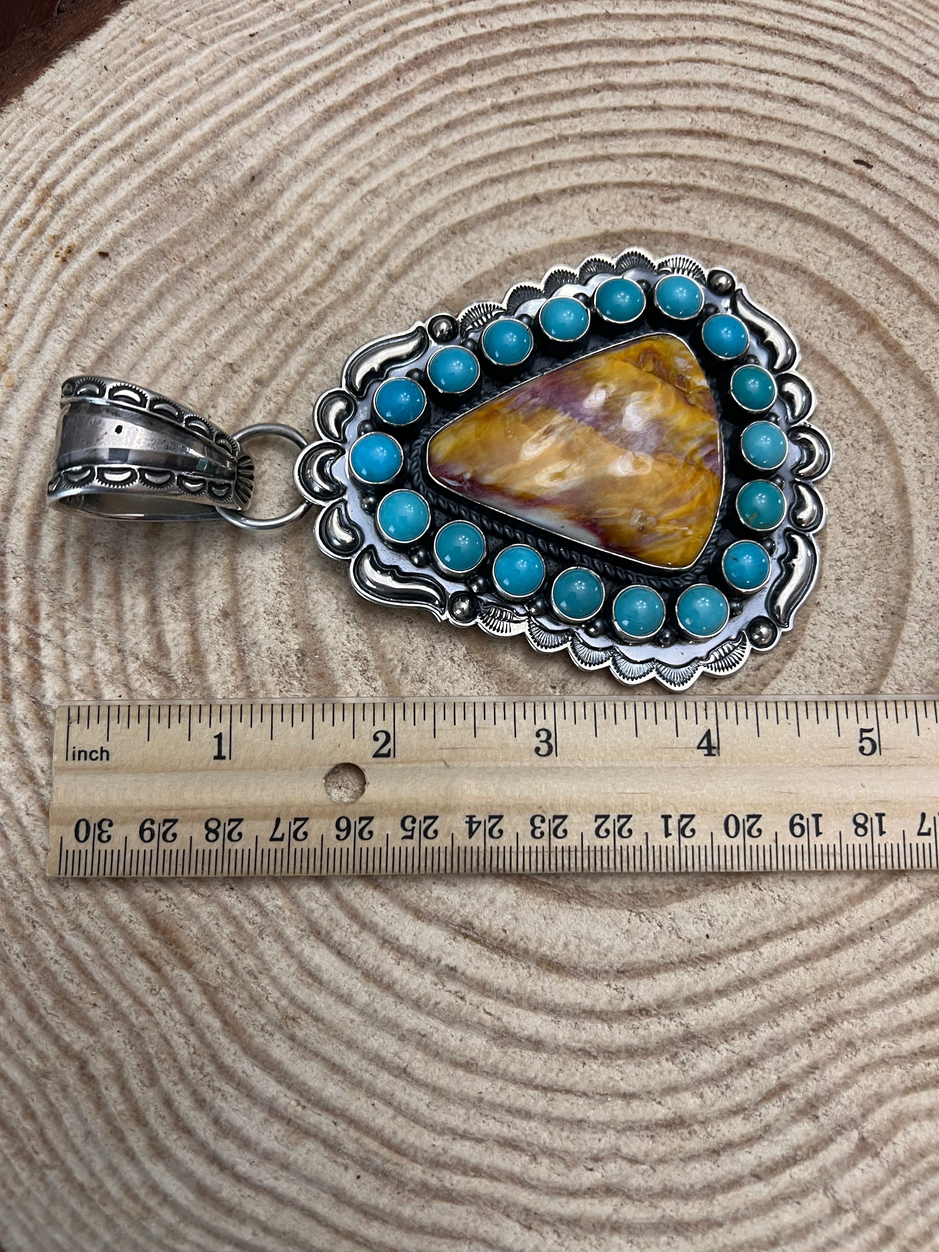 Roland Dixson Navajo Sterling Silver Statement Pendant — Spiny Oyster & Turquoise (5"×3", Signature Stamp)