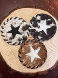 Star Cowhide Coaster with Laced Border — Genuine Hair-On Hide, 4.7" (Sold Individually)