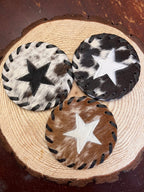 Star Cowhide Coaster with Laced Border — Genuine Hair-On Hide, 4.7" (Sold Individually)