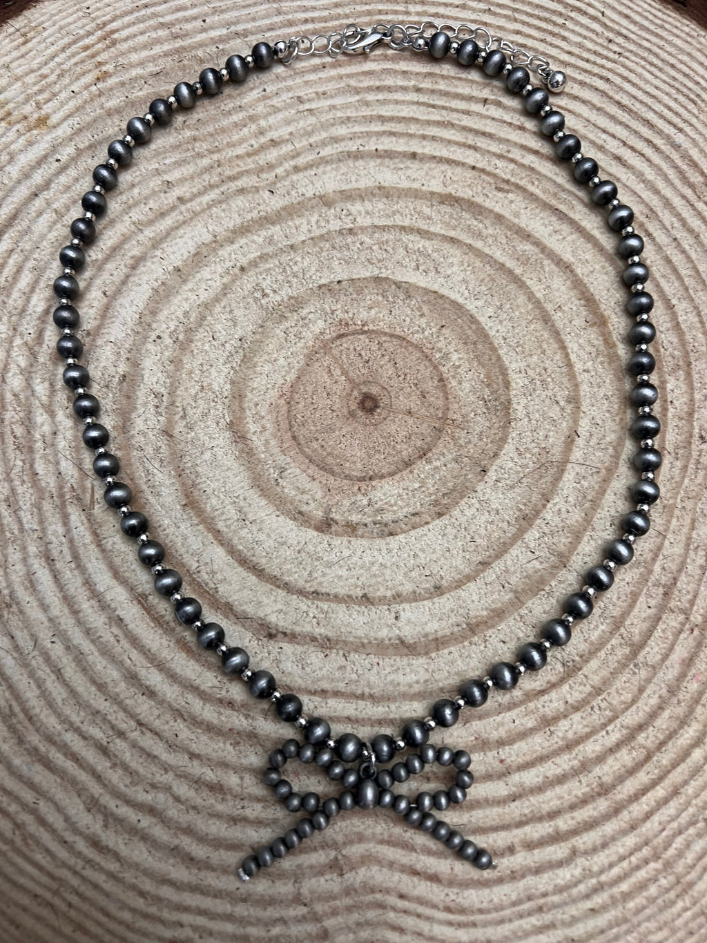 Western Faux Bow Pearl Necklace — 5mm Faux Sterling Pearls (18 Inch)