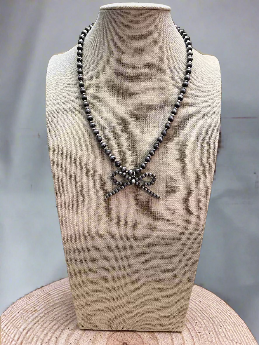 Western Faux Bow Pearl Necklace — 5mm Faux Sterling Pearls (18 Inch)