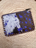 Western Hair-on-Hide Coin Purse — Dark Blue Paint Splatter Hand-Painted Cowhide
