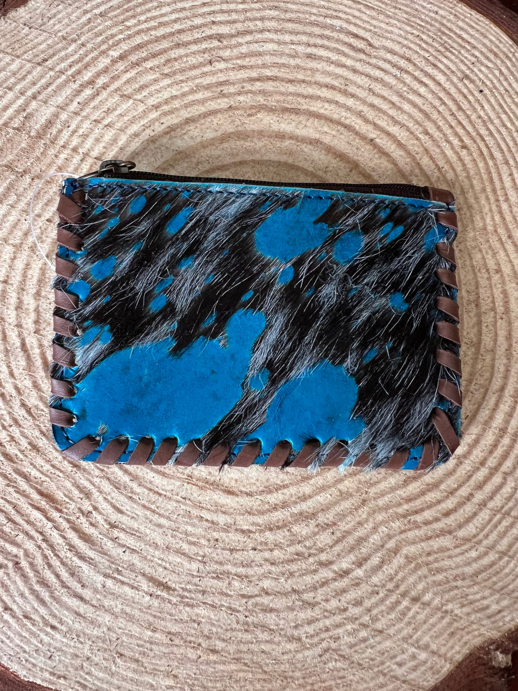 Western Hair-on-Hide Coin Purse — Teal Paint Splatter Hand-Painted Cowhide