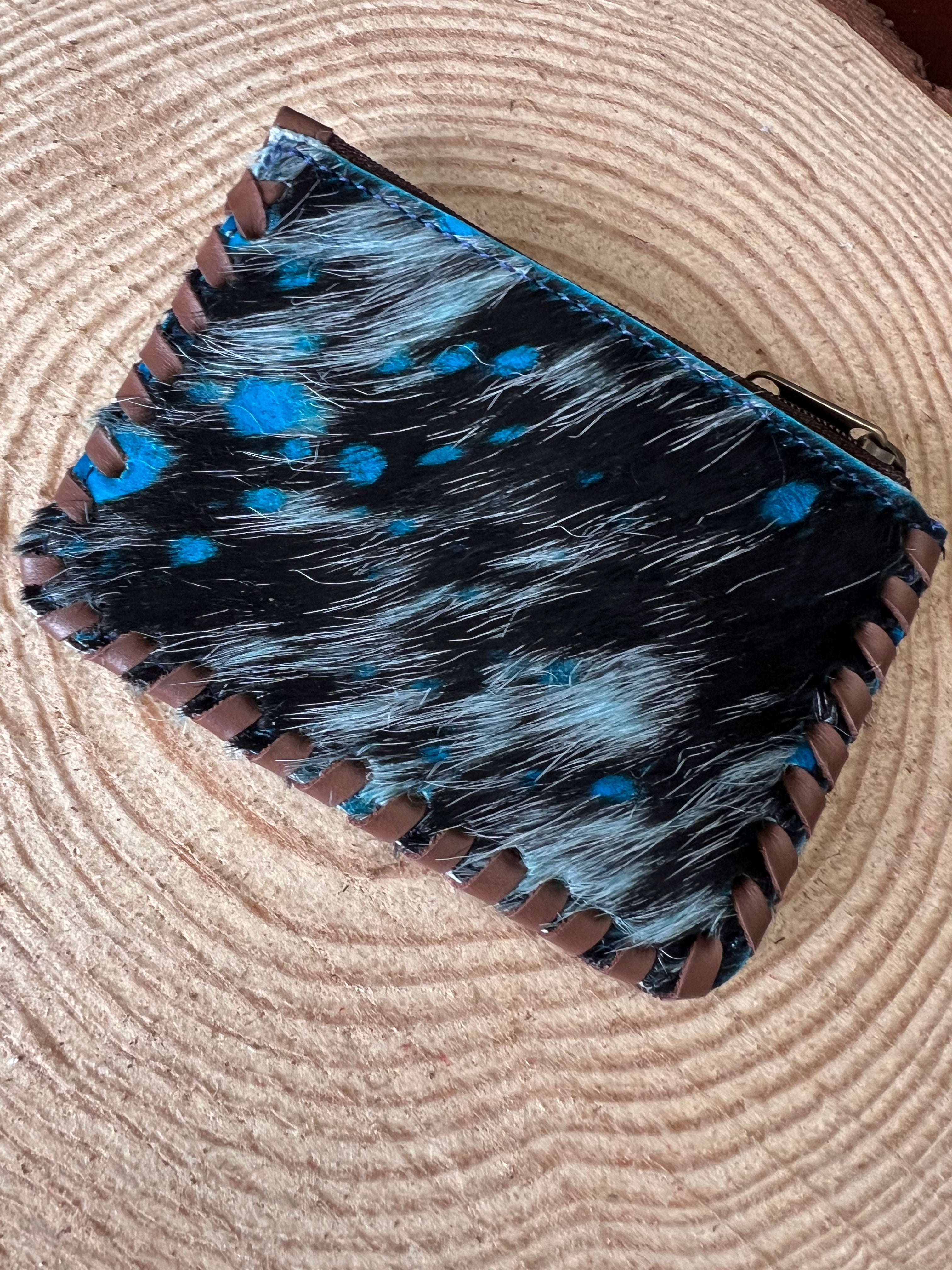 Western Hair-on-Hide Coin Purse — Teal Paint Splatter Hand-Painted Cowhide