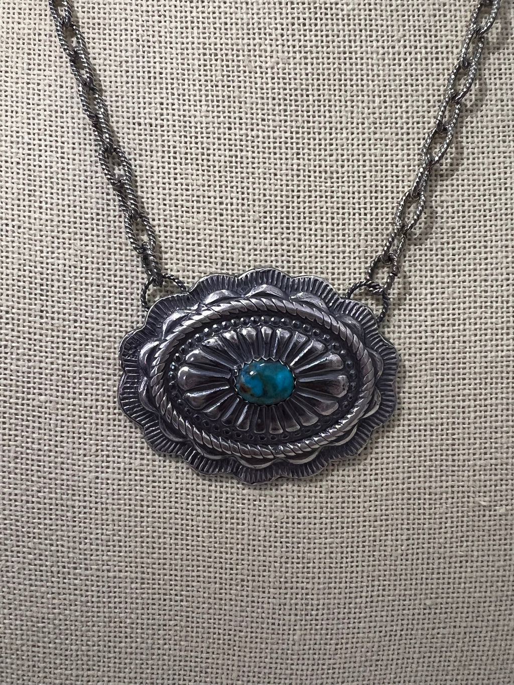 Sterling Silver Concho & Kingman Turquoise Western Statement Necklace — 18"