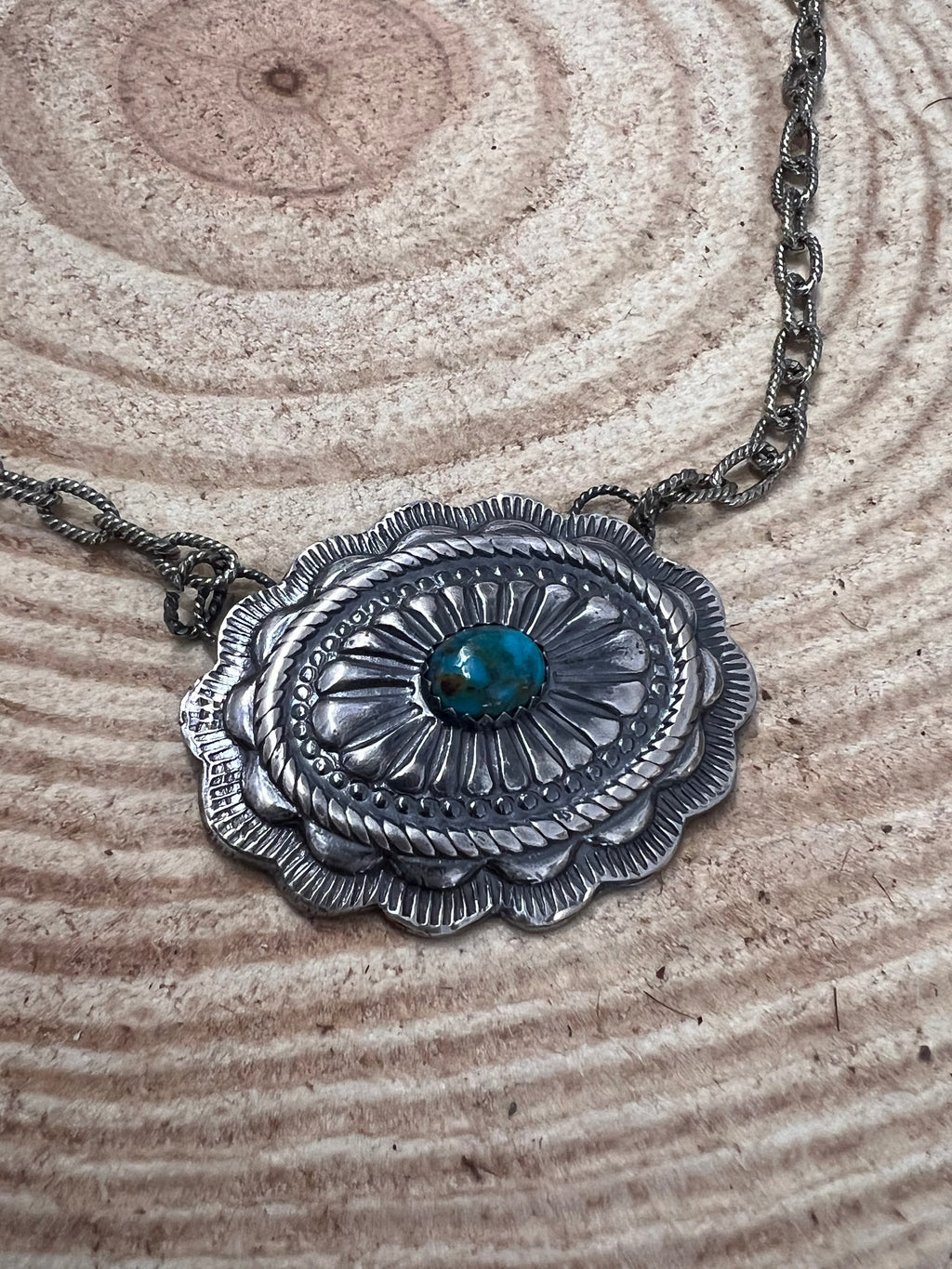 Sterling Silver Concho & Kingman Turquoise Western Statement Necklace — 18"